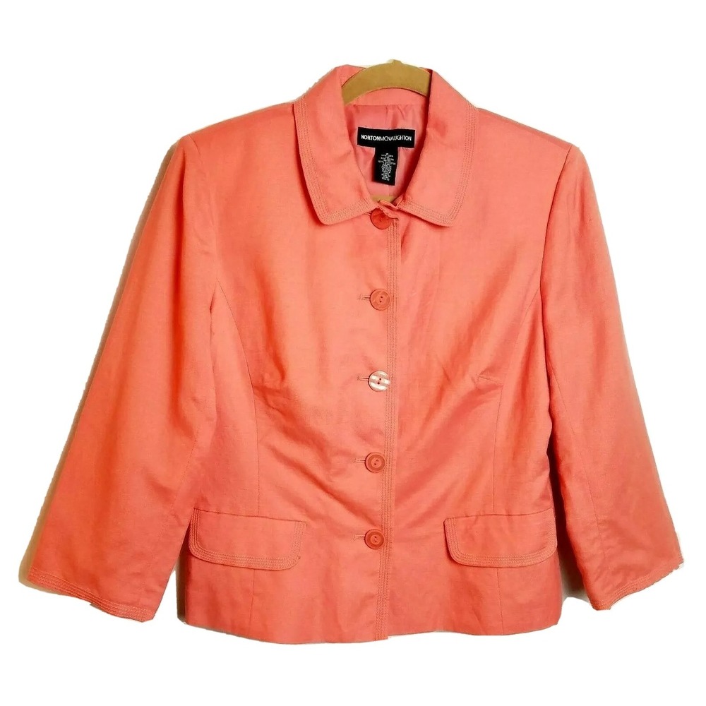 Norton McNaughton Coral Pink Linen Blend Button Front Blazer Med‎ Preppy Coastal